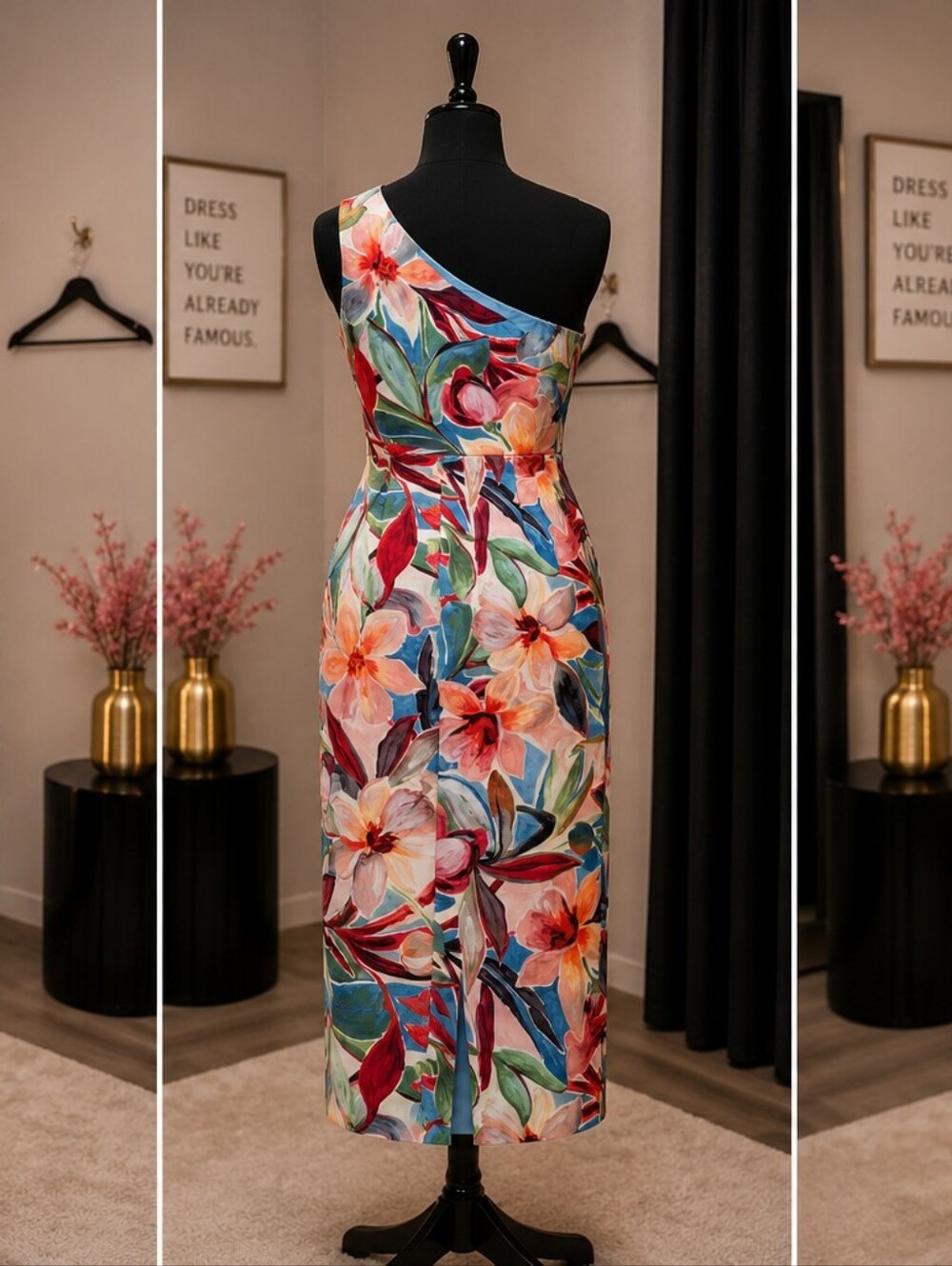 One-Shoulder Floral Midi Dress in Multi